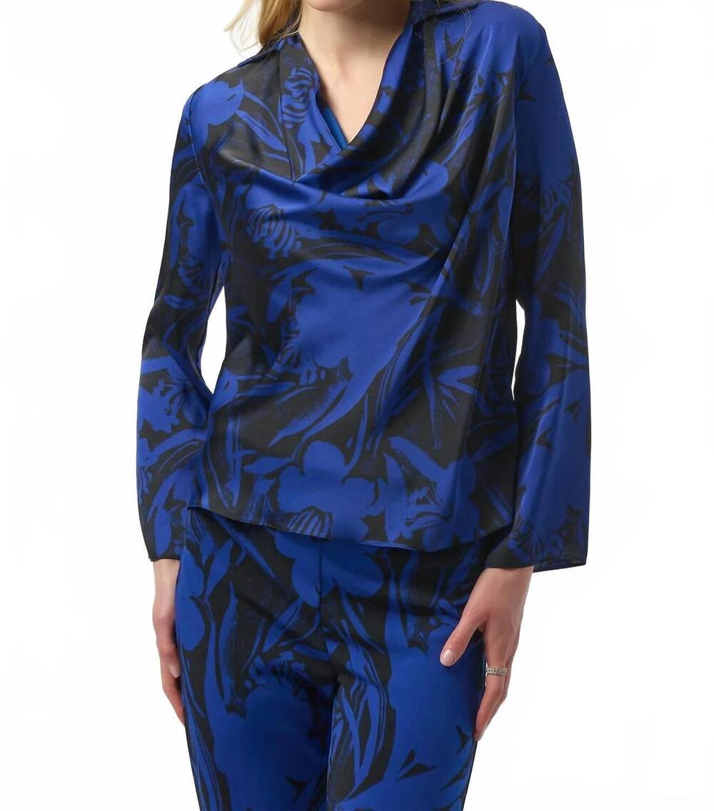 NEW JOSEPH RIBKOFF floral print cowl neck long sleeves top in black/royal